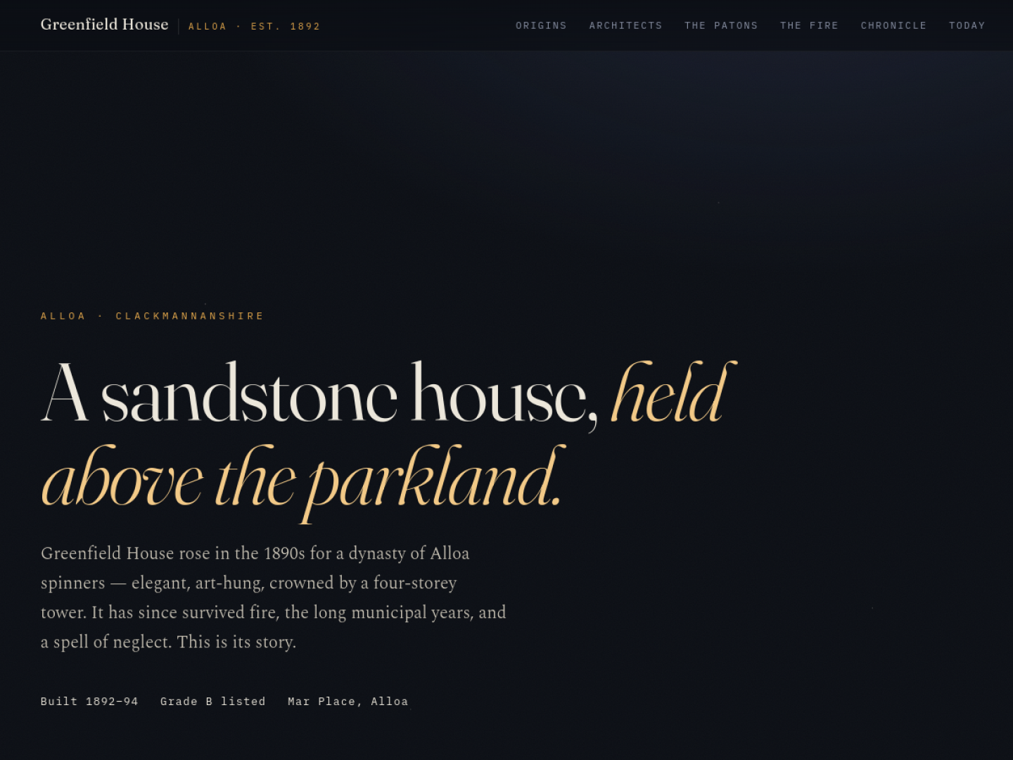 Screenshot of greenfield.mikmclean.co.uk — Greenfield House, Alloa, a history